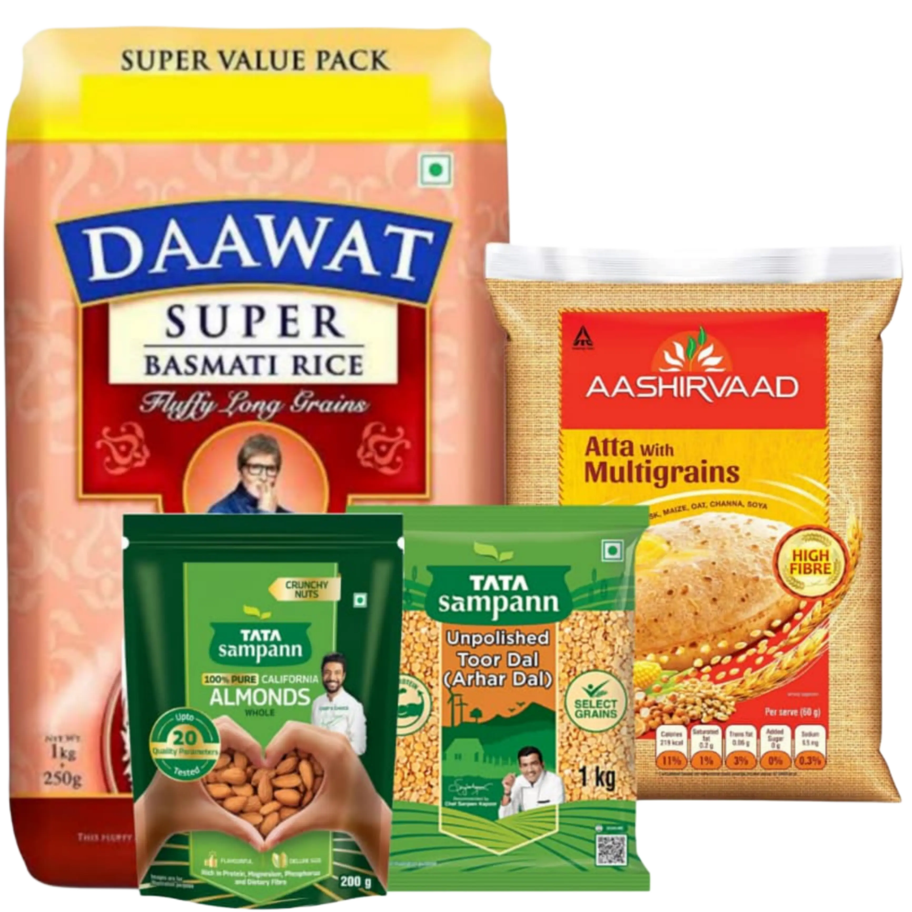 Rice, Atta, Dal, Badam